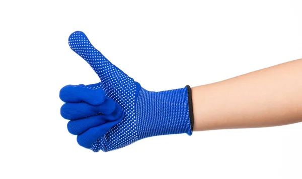 Main Portant Des Gants Bleus Isolés Sur Fond Blanc — Photo