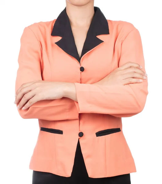 Hermosa Mujer Con Camisa Naranja Cruzada Brazos Aislados Sobre Fondo — Foto de Stock