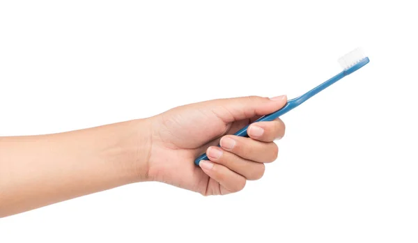 Mão Pessoa Segurando Escova Dentes Azul Isolado Fundo Branco — Fotografia de Stock