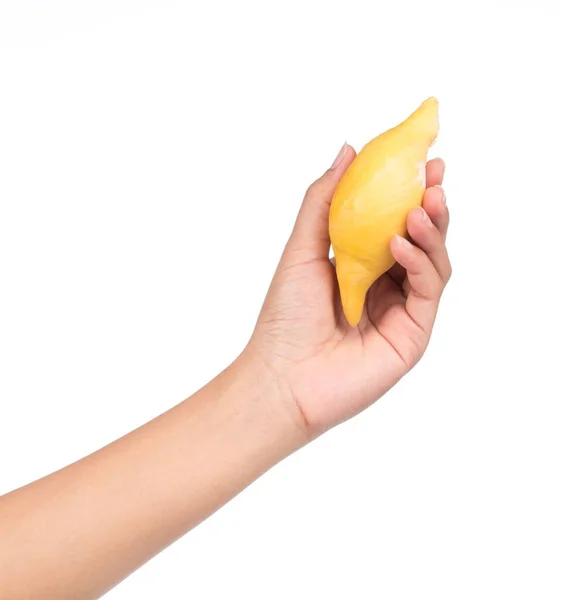 Mão Segurando Parte Frutas Durianas Isoladas Fundo Branco — Fotografia de Stock