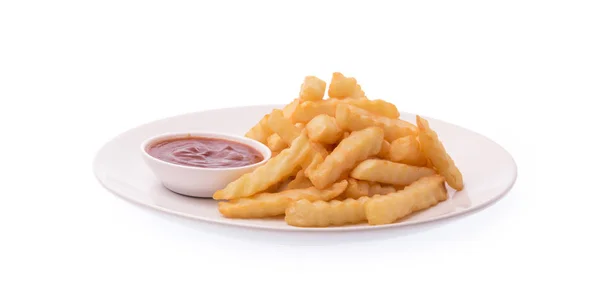 Gezackte Pommes Mit Tomatensauce Auf Einem Teller Isoliert Auf Weißem — Stockfoto