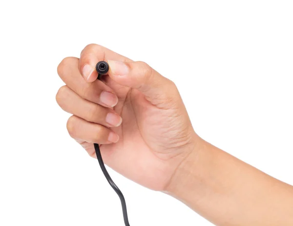 Hand Håller Elektrisk Kontakt Isolerad Vit Bakgrund — Stockfoto
