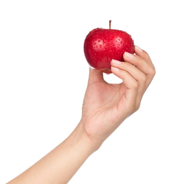 Ręczne Trzymanie Czerwonego Jabłka Izolowane Białym Tle — Zdjęcie stockowe