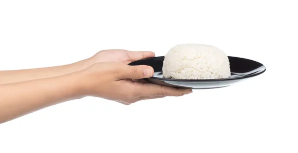 Beyaz Arka Planda Ele Tutuşan Pirinç Tabağı — Stok fotoğraf