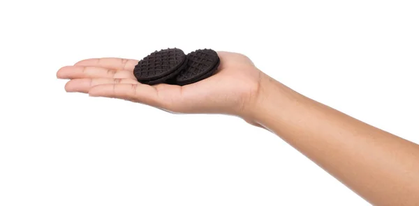 Kézi Gazdaság Oreo Cookie Tejszín Elszigetelt Fehér Alapon — Stock Fotó