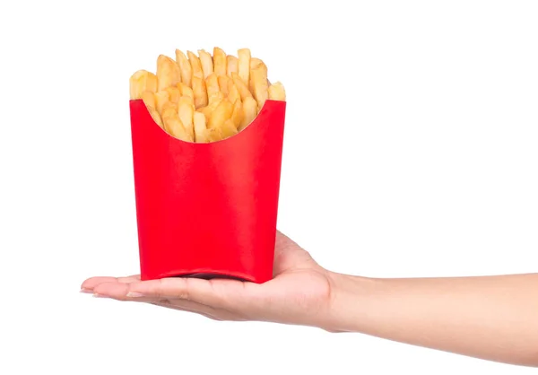 Hand Hält Pommes Einer Roten Papiertüte Isoliert Auf Weißem Hintergrund — Stockfoto