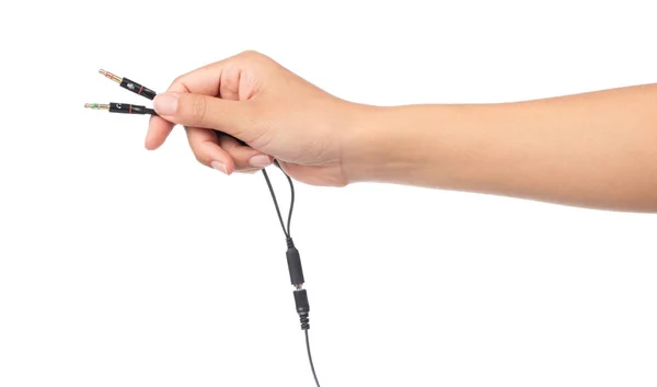 Mão Segurando Conector Cabos Áudio Símbolo Cabo Microfone Com Fones — Fotografia de Stock