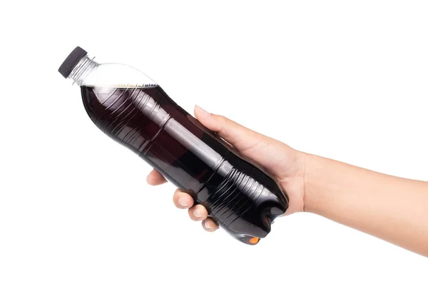 Hand Holding Cola Plastic Fles Een Koolzuurhoudende Frisdrank Geïsoleerd Witte — Stockfoto