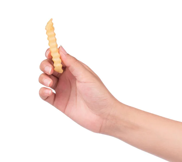 Hand Holding Serrated French Fries Isolated White Background — Stock Photo, Image