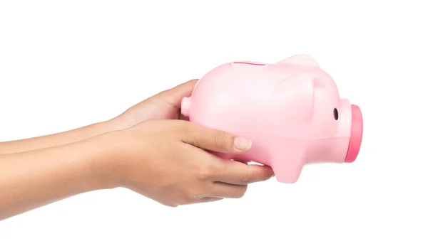 Hand Holding Piggy Bank Style Money Box Isolated White Background — Stock Photo, Image