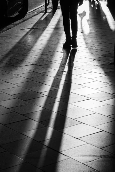 Largas sombras humanas proyectadas sobre el pavimento al atardecer —  Fotos de Stock
