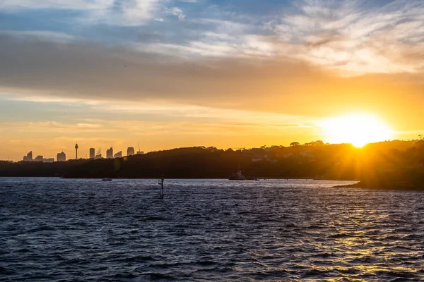 Skyline retroiluminación de Sydney CBD desde la bahía al atardecer — Foto de Stock