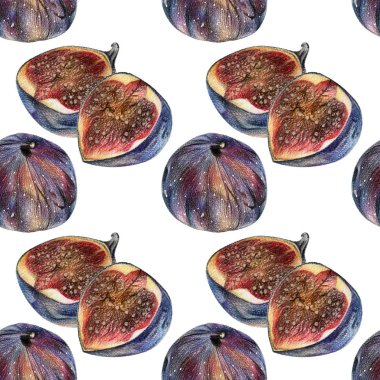 El ile renkli kalemle çizilmiş kesik mavi incir ile Seamless Modeli