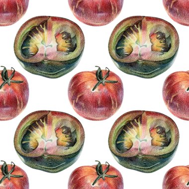 El ile renkli kalemle çizilmiş kırmızı ve yeşil domates ile Seamless Modeli