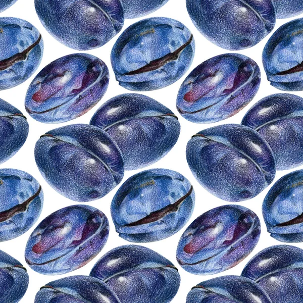 Naadloze patroon met blauwe pruimen met de hand getekend met kleurpotlood — Stockfoto