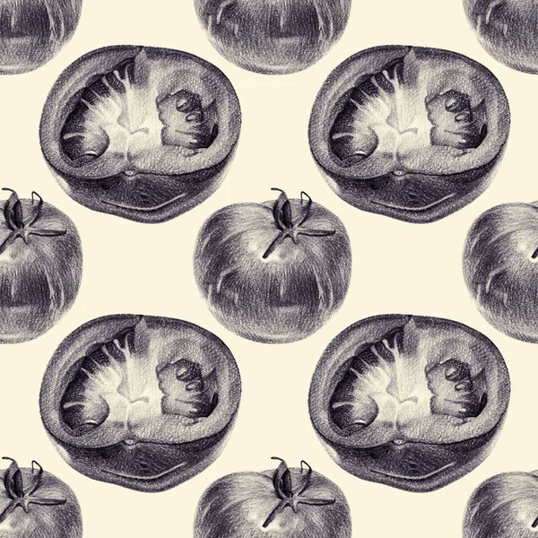 Nahtloses Muster mit geschnittenen Tomaten von Hand mit Bleistift gezeichnet — Stockfoto
