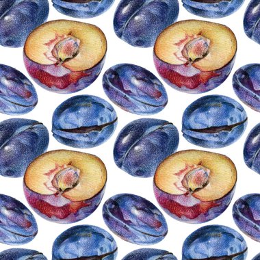 El ile renkli kalemle çizilmiş mavi ve kırmızı Erik ile Seamless Modeli