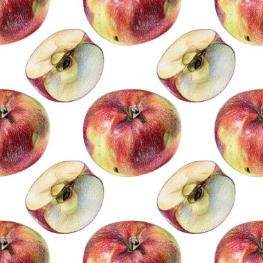El ile renkli kalemle çizilmiş Kırmızı elma ile Seamless Modeli