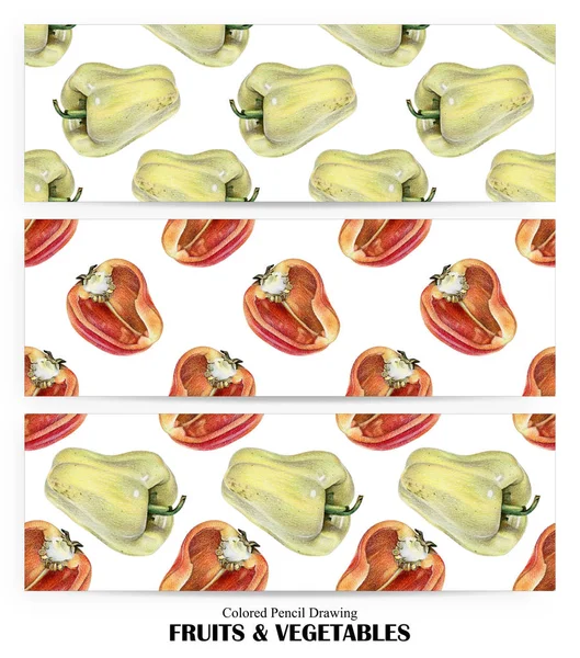 Set of seamless patterns with yellow and orange peppers drawn by hand with colored pencil — Stock Photo, Image