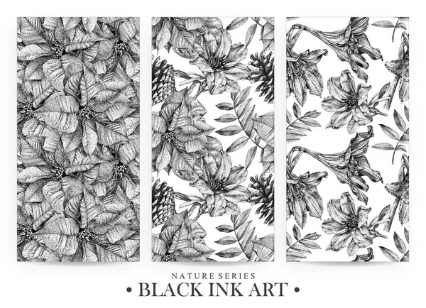 Conjunto de patrones sin costura con flores punteadas, pájaros y plantas dibujadas a mano con tinta negra —  Fotos de Stock