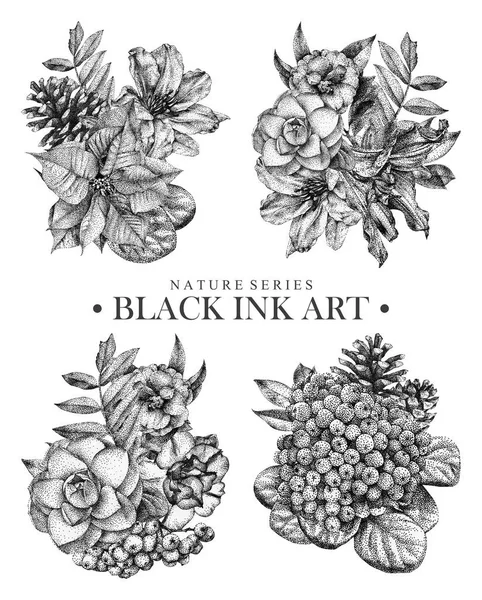 Conjunto de composições com flores pontilhadas, pássaros e plantas desenhadas à mão com tinta preta — Fotografia de Stock