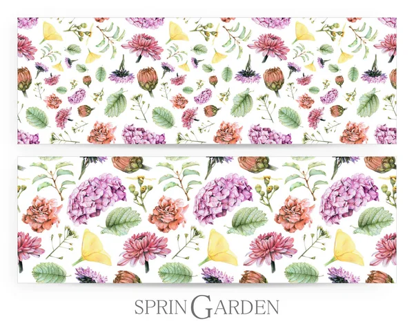 Reihe nahtloser Muster mit Frühlingsblumen und von Hand mit Buntstiften gezeichneten Pflanzen — Stockfoto