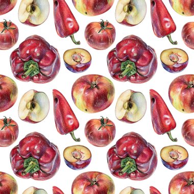 Kırmızı biber, elma, domates ve el ile renkli kalemle çizilmiş Erik ile Seamless Modeli
