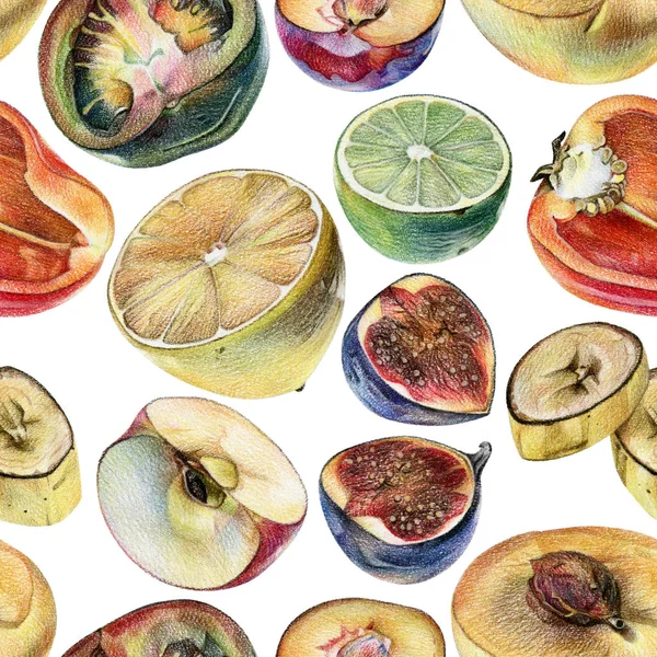 Motif sans couture avec fruits, baies et légumes coupés dessinés à la main avec crayon coloré — Photo