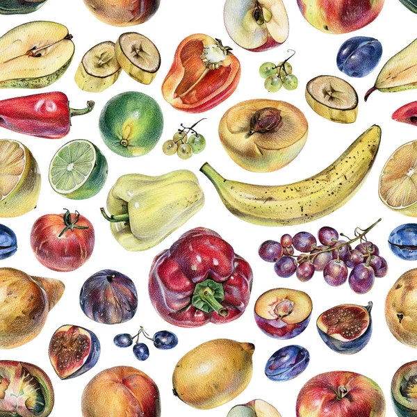 Modèle sans couture avec des fruits, des baies et des légumes dessinés à la main avec un crayon de couleur — Photo