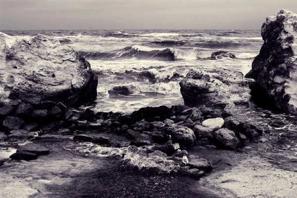 海岸に大きな岩と水の波と海の風景 — ストック写真