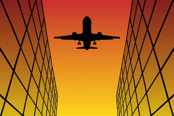 Flying aircraft between glass buildings at sunset — Stock Vector