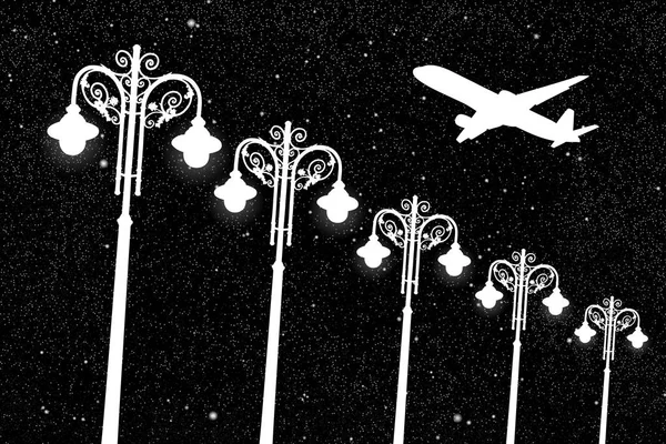 Vliegende vliegtuigen en vintage lantaarnpalen nachts — Stockvector