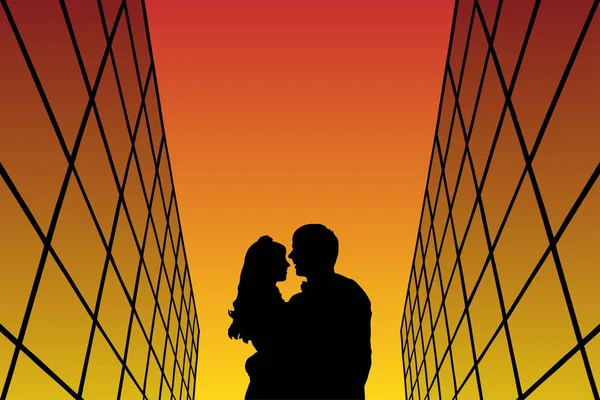 Amoureux entre les bâtiments en verre au coucher du soleil — Image vectorielle