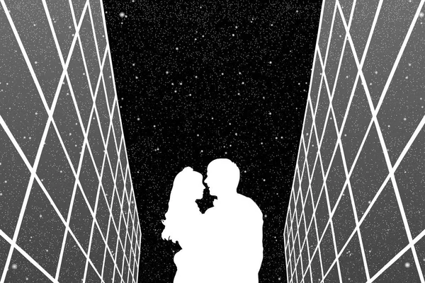 Amantes entre edificios de vidrio en la noche — Vector de stock