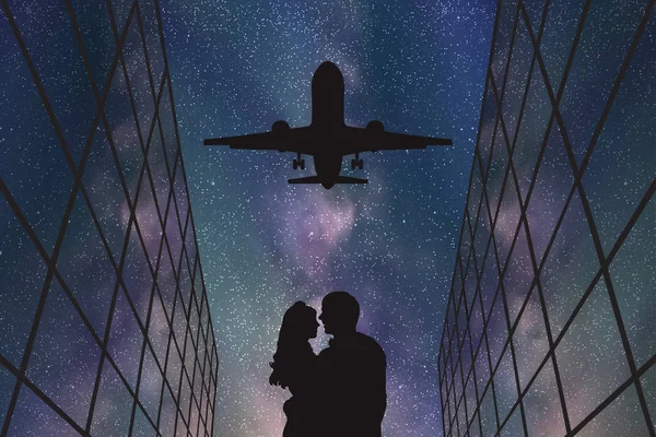 Amoureux à l'aéroport la nuit — Image vectorielle