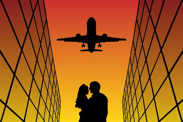 Los amantes en el aeropuerto al atardecer — Vector de stock