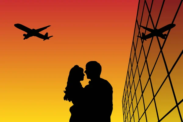 Los amantes en el aeropuerto al atardecer — Vector de stock