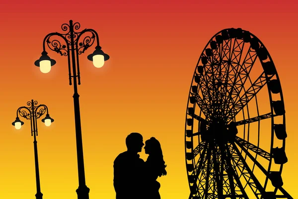 Amoureux dans le parc d'attractions au coucher du soleil — Image vectorielle