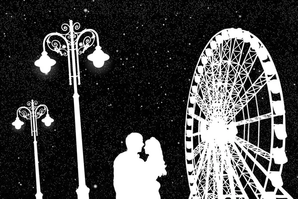 Los amantes en el parque de atracciones por la noche — Vector de stock