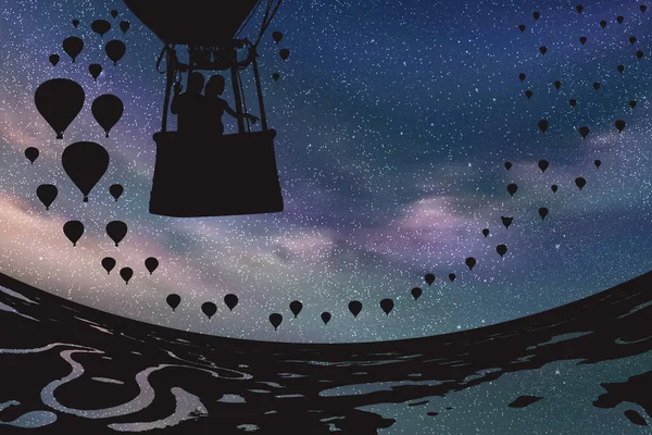 Älskare i ballong på natten — Stock vektor