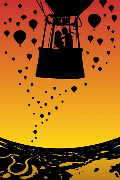 Amantes en globo al atardecer — Vector de stock