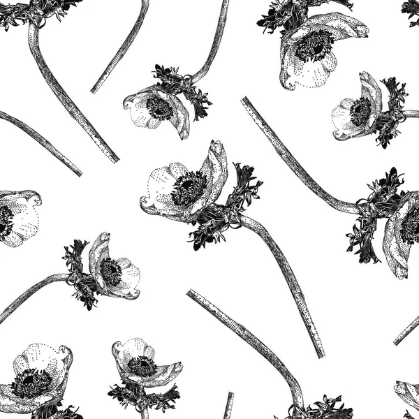 Padrão sem costura vetorial com flor de anêmona isolada no fundo branco desenhado à mão — Vetor de Stock