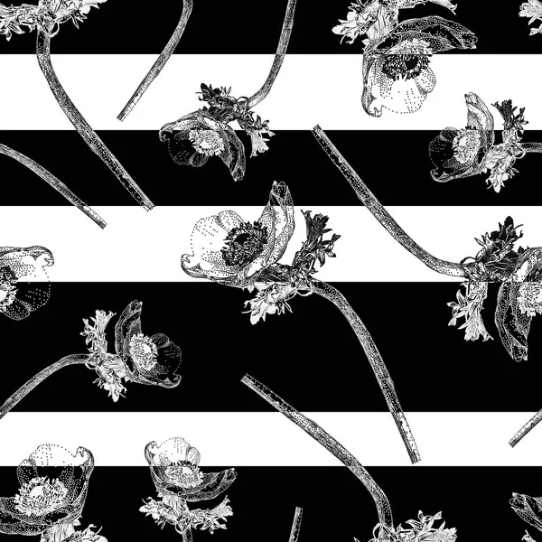 Motif vectoriel sans couture avec fleur d'anémone et rayures noires — Image vectorielle