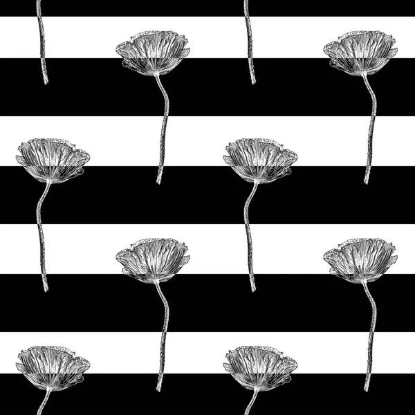 ケシの花と黒のストライプのシームレスなパターン ベクトル — ストックベクタ