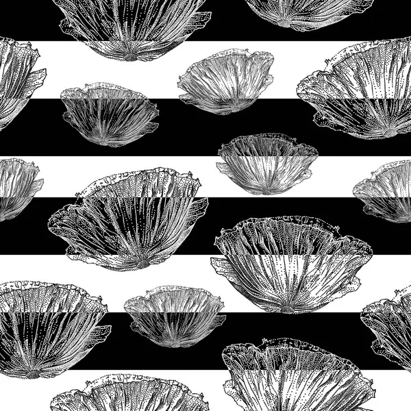 罂粟花与黑色的条纹矢量无缝模式 — 图库矢量图片