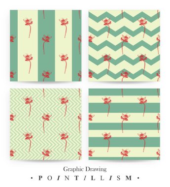  Kırmızı anemon çiçeği çiçek ve yeşil çizgili sarı arka plan üzerinde izole Dikişsiz desen seti