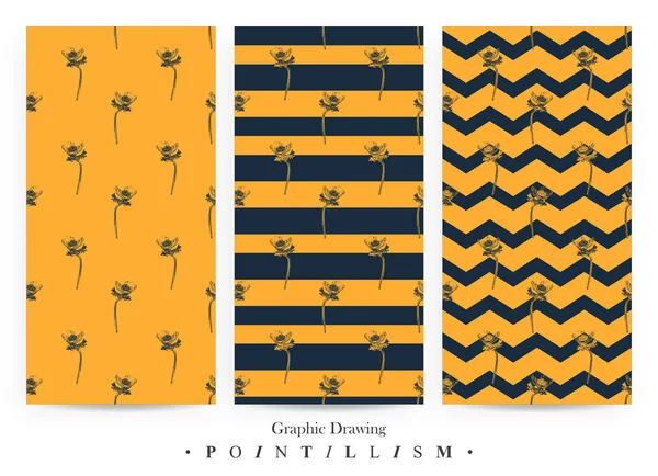  Anemon çiçeği çiçek ve sarı arka plan üzerinde koyu mavi şeritler ile Dikişsiz desen seti