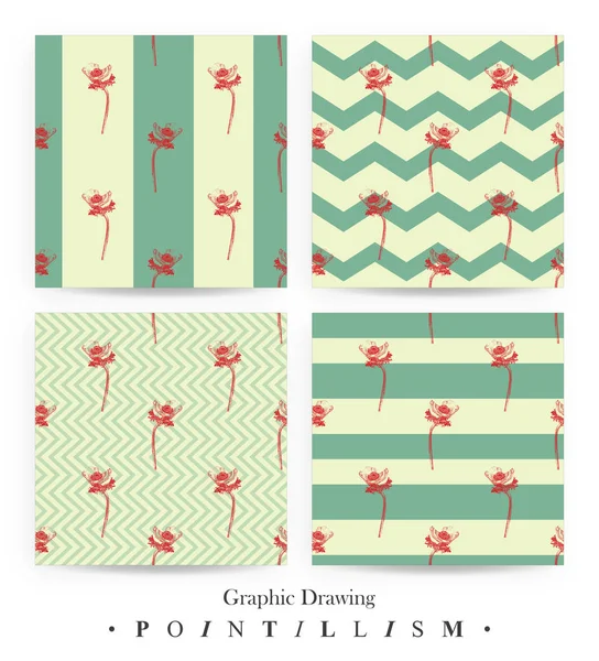  Kırmızı anemon çiçeği çiçek ve yeşil çizgili sarı arka plan üzerinde izole Dikişsiz desen seti