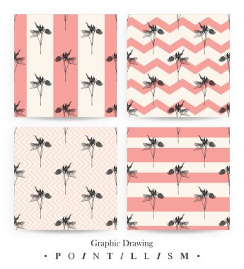  Akasma çiçek ve pembe çizgiler üzerinde bej arka plan izole Dikişsiz desen seti