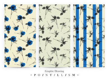  Akasma çiçek ve Sarı zemin üzerine mavi şeritler ile Dikişsiz desen seti